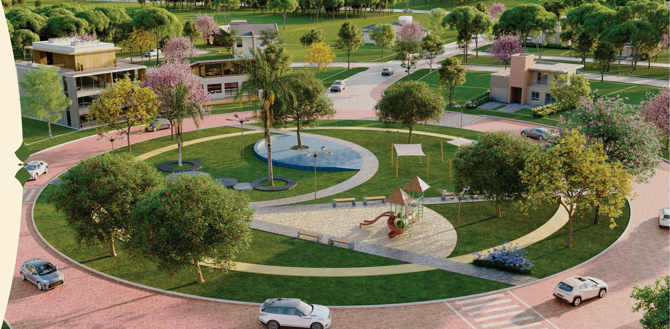 Praça central com playground e academia ao ar livre