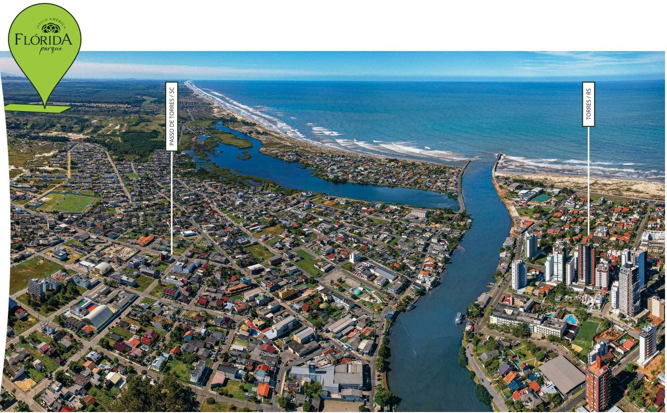 Mapa aéreo mostrando o Flórida Parque I, Passo de Torres/SC, Torres/RS, a praia e os principais acessos