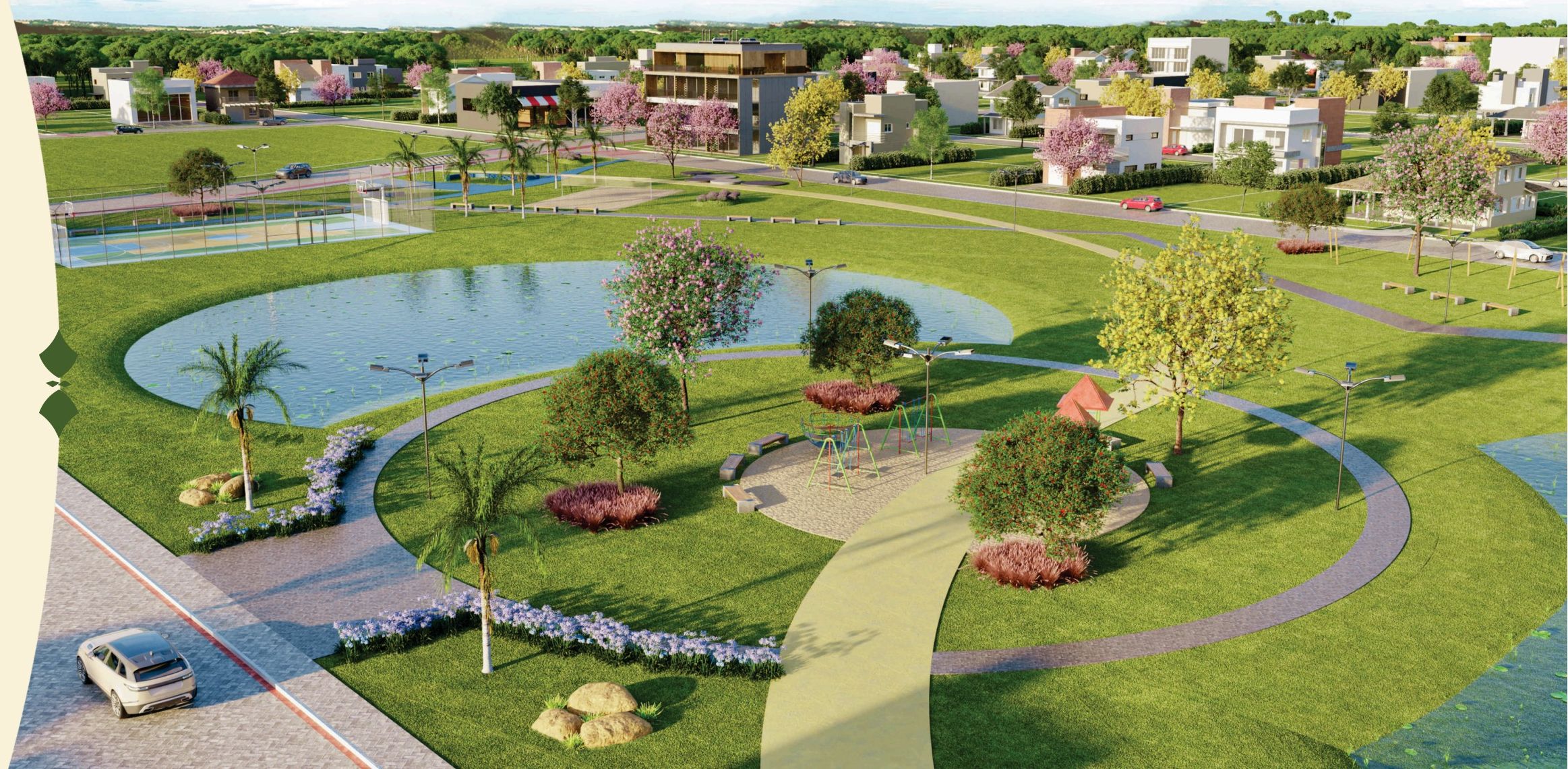 Lago paisagístico e playground do Flórida Parque I